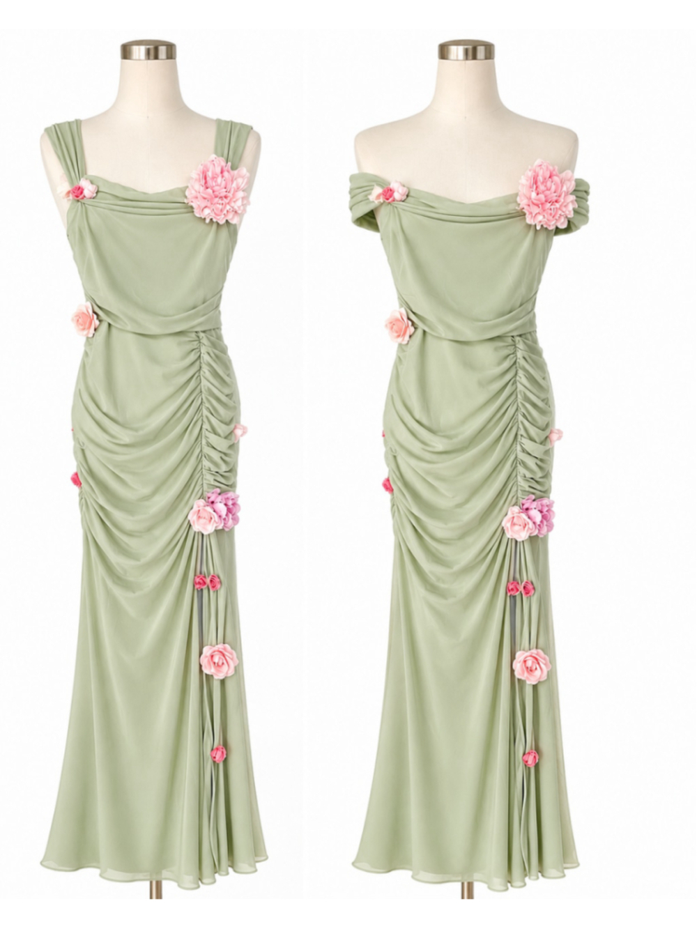 Sage Green Ruched Maxi Custom 3D Floral Appliqué Evening Gown Romantic Garden L